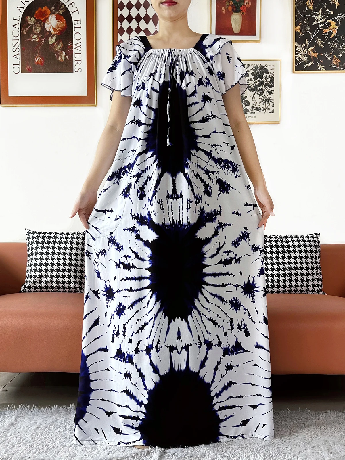 New African Dashiki Dress Kaftan Abaya Cotton Tie-dry Boat-neck Floral Dress Printed Short Sleeve Loose Women Casual Dress