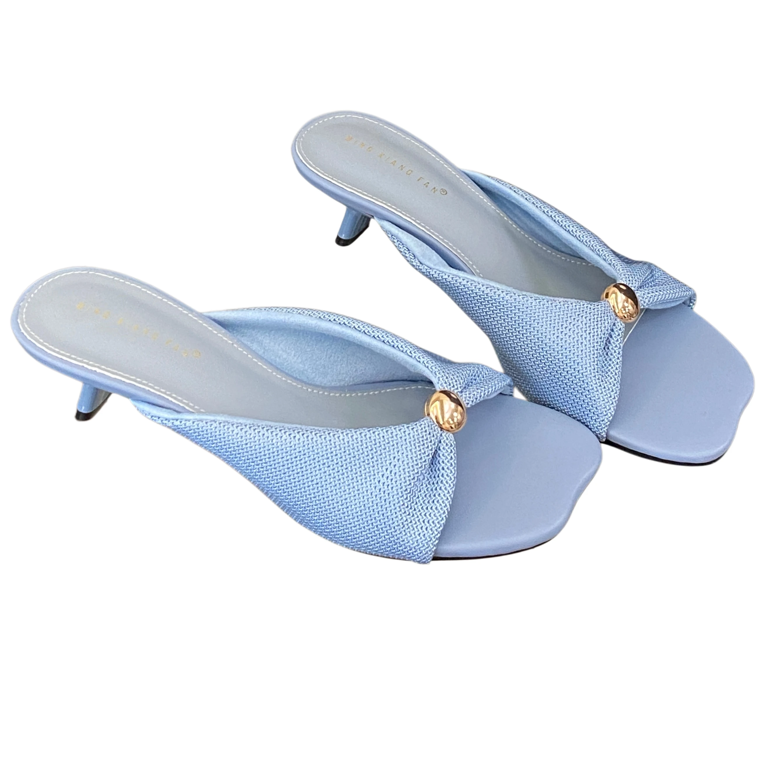 

Brown Heels Slippers Woman Square Toe Summer Shoes Casual Low Heels Sandals Metal Clasp Blue Ladies Slippers