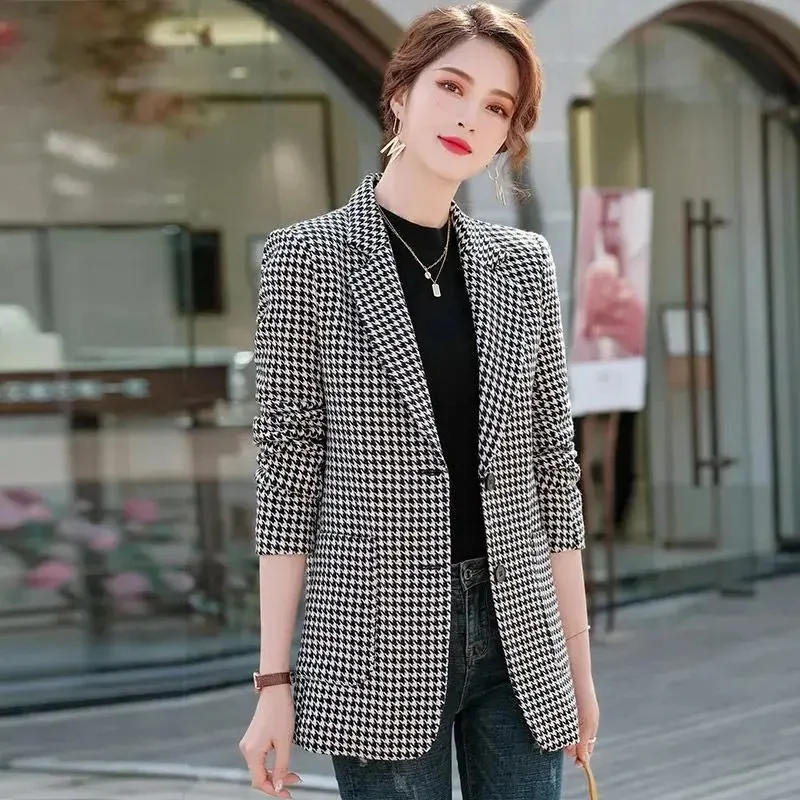 5XL Large Size Plaid Blazers Women Jacket 2024 NEW Spring Autumn Slim Suit Outerwear Korean Notched Collar Single Breasted Tops