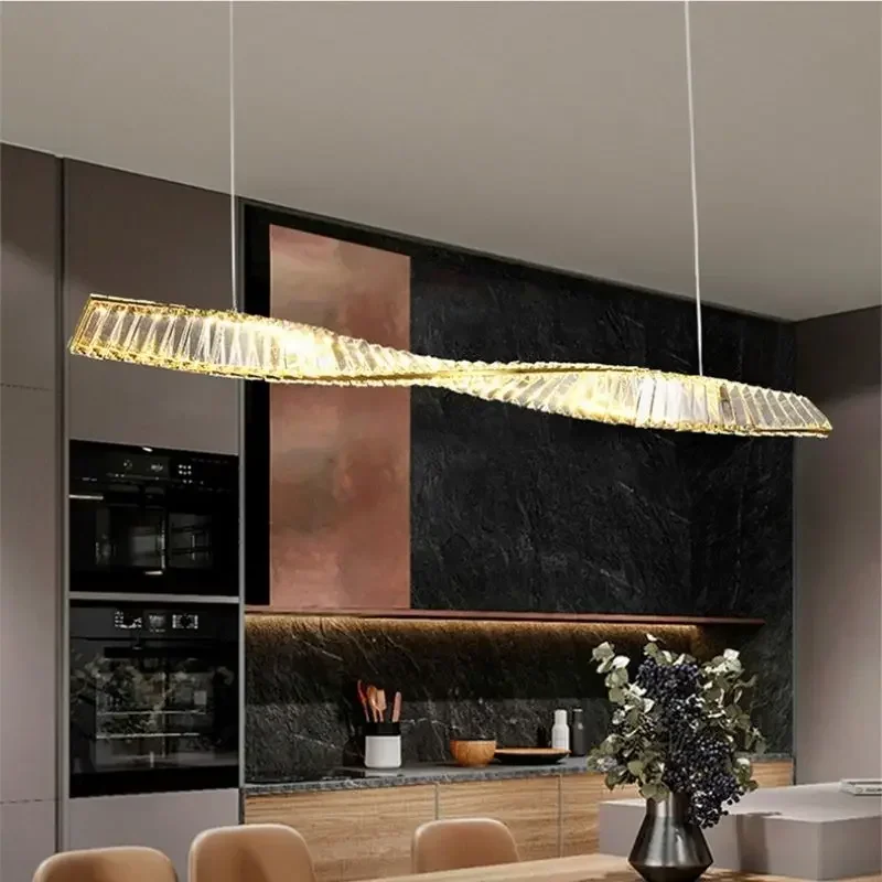 

SANDYHA Postmodern Crystal Chandelier Long Strip Golden LED Pendant Lamp for Dining Room Bedroom Home Decor Lighting Fixture