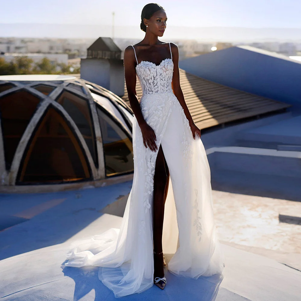 رشيقة الجانب الشق السباغيتي الأشرطة تول فستان الزفاف للنساء العرائس مخصص يزين بلا أكمام الحبيب زي العرائس #1