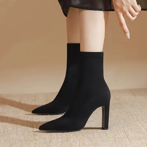 Stivali da Donna a Punta, Tinta Unita, Stile Retrò, Stivaletti con Tacco Sottile, Slip-on Antiscivolo, per Ufficio e Uso Quotidiano, Stivali a Stiletto da Donna