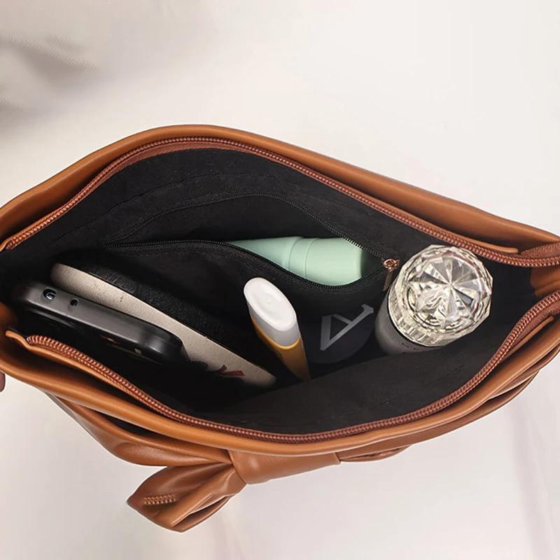 Women's Bag with Bowknot PU Leather Solid Color Zipper Messenger Bag Purse Fashion Ladies Commuter Large Capacity Clutch Handbag