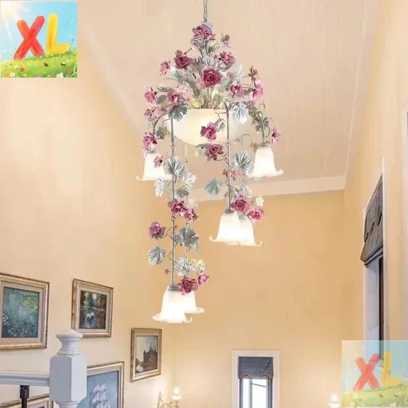 

Pastoral Style Staircase Pendant Lamps Korean Romantic Handmade Iron Flower Luminaire Rose Lantern Long Glass Chandeliers