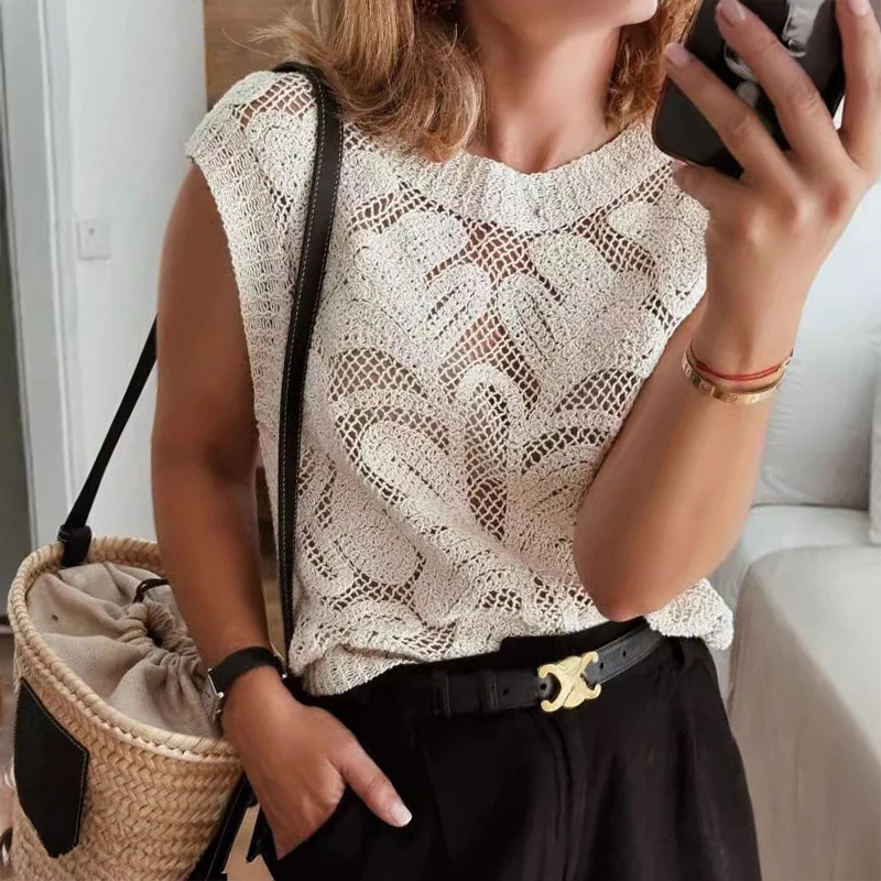 

Вязаный крючком топ-жилет с цветочной вышивкой, кружевная блузка без рукавов, ажурный сетчатый топ в стиле ретро бохо для летнего пляжного отдыха