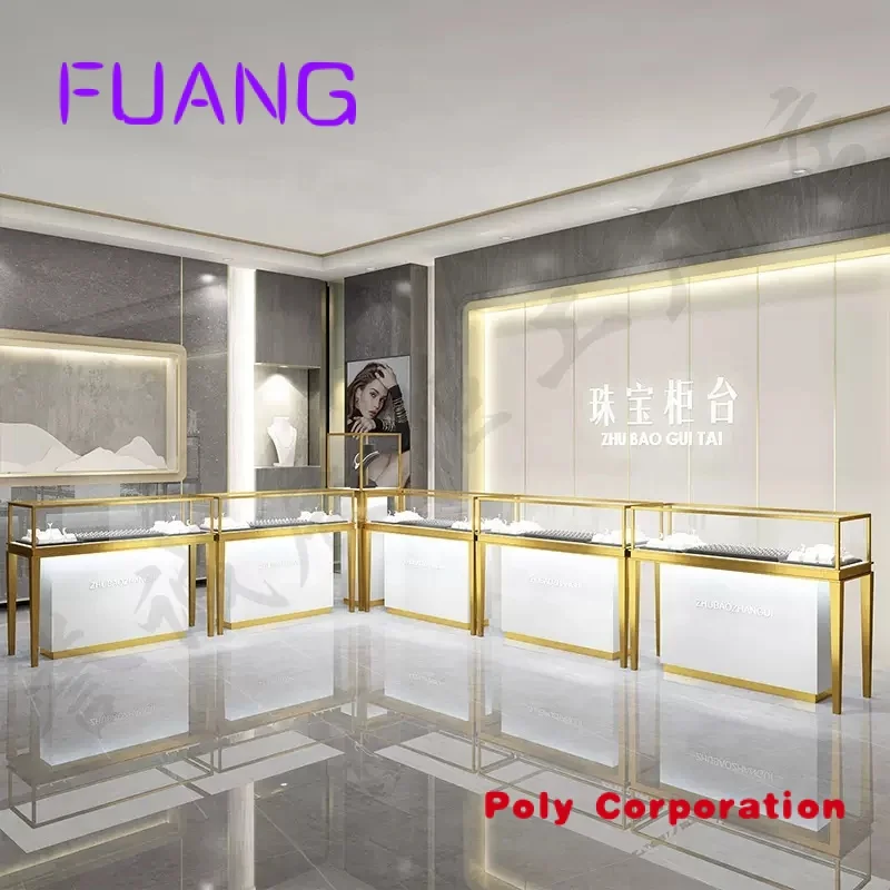 Custom  New Design Bespoke Logo Luxury Jewelry Shop Retail Counter Furniture Modern Design Metal Frame Locking Jewelry Display C