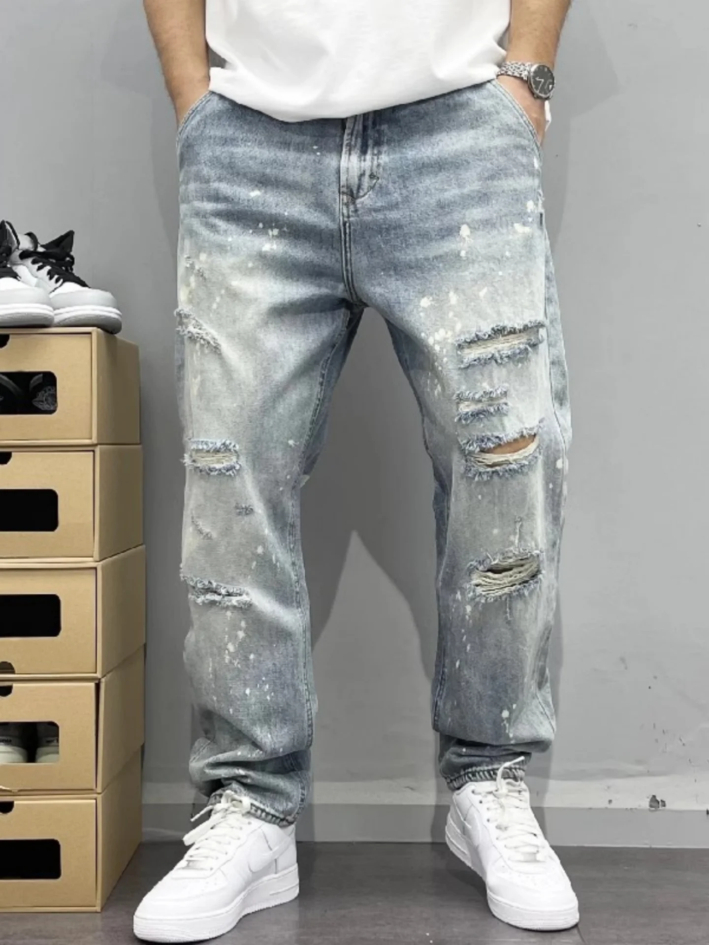 

Washed Light Blue Men's Straight Leg Jeans High Street Casual Torn Ripped Denim Pants Loose Fit Summer Breathable Jeans