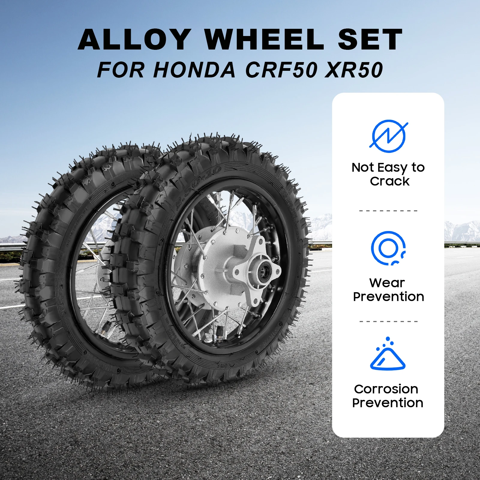 

Alloy Wheel Set 2.5-10 for Honda CRF50 XR50 KLX BBR, Dirt Bike Tires with Chain