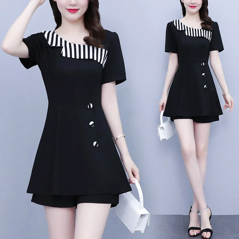 

Fashionable plus Size Women's Summer Outfit Set Slimming Dress And Shorts Two Piece Ensemble Korean Style Regular Sleeve Squa...