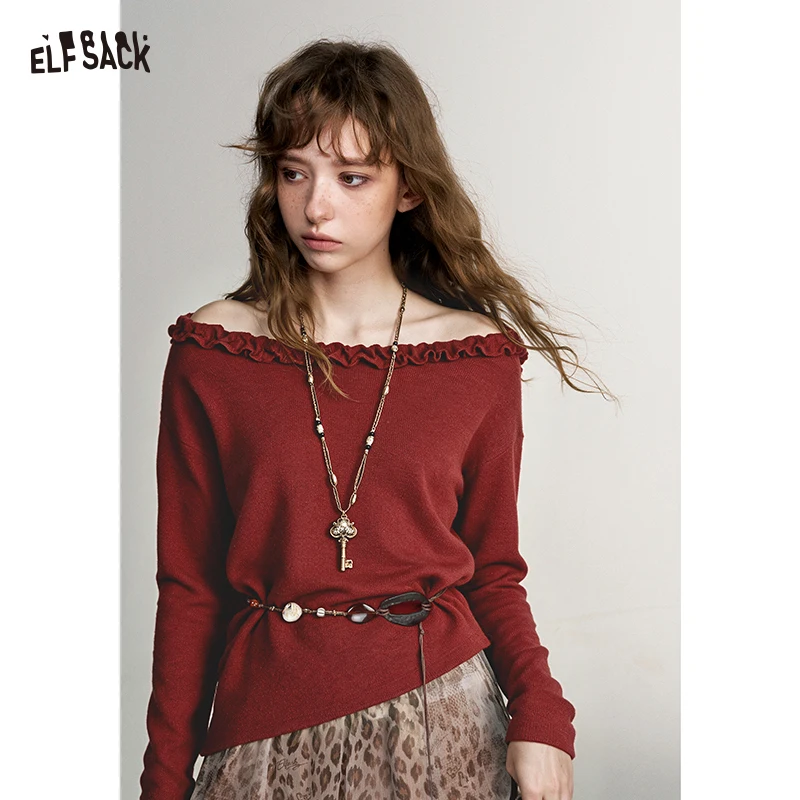 ELFSACK Women Y2K Off‑Shoulder Knit Sweater, Long‑Sleeve Top with Ruffle Trim for Fall Daily Wear