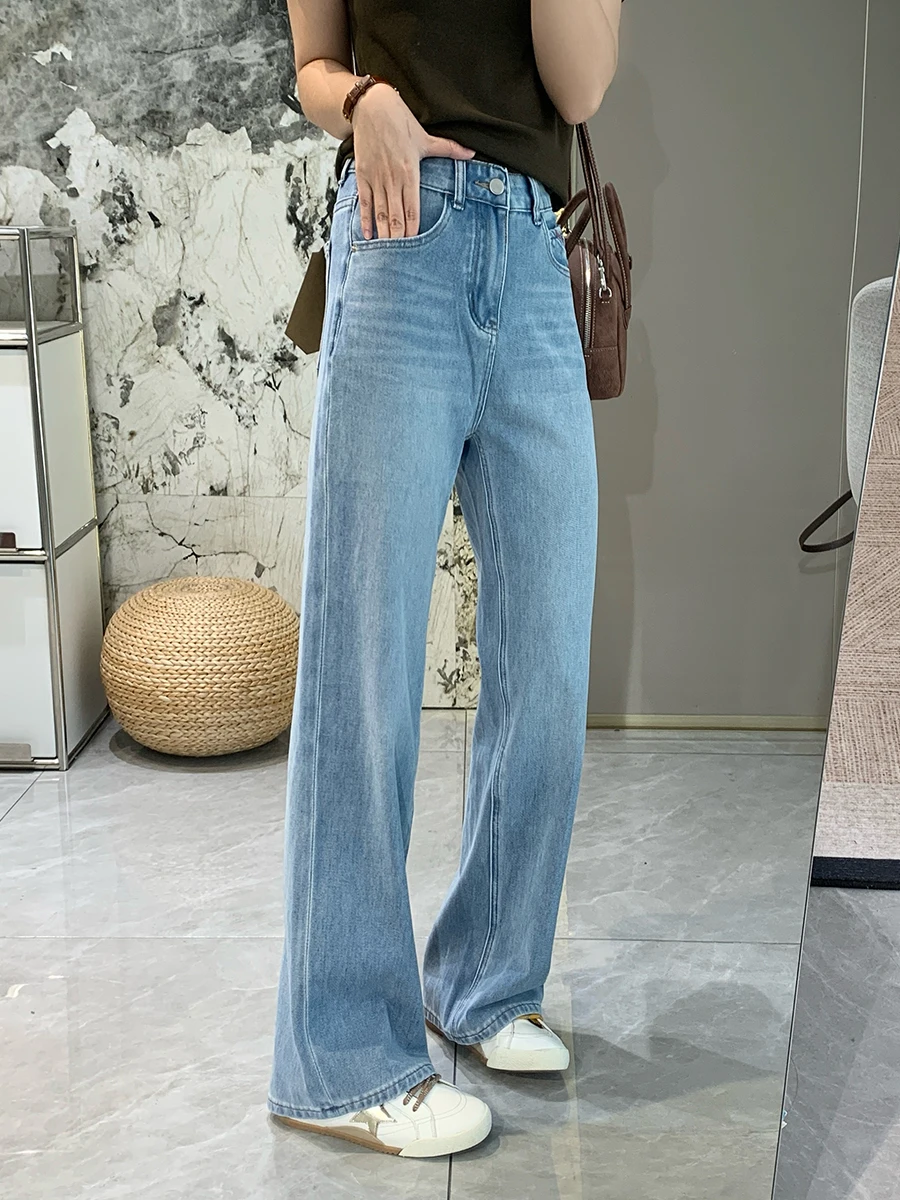 

Весенне-летние женские джинсы с высокой талией, прямого кроя, светло-голубые, из денима, с четырехсторонним стрейчем, струящиеся, широкие брюки