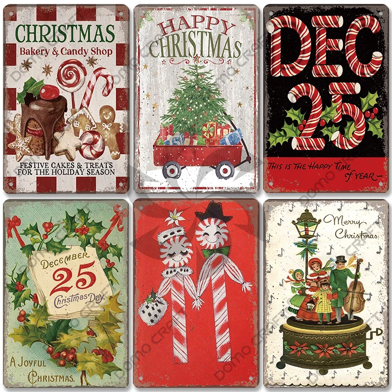 

Merry Christmas Poster Vintage Metal Tin Signs Cakes Music Box Christmas Tree Metal Plaque Bakery Candy Shop Home Wall Decor