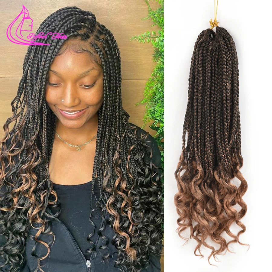 

Synthetic Box Braids Crochet Hair With Curly Ends Black Brown Pre looped Ombre Braiding Hair Extensions For Black Woman Girls