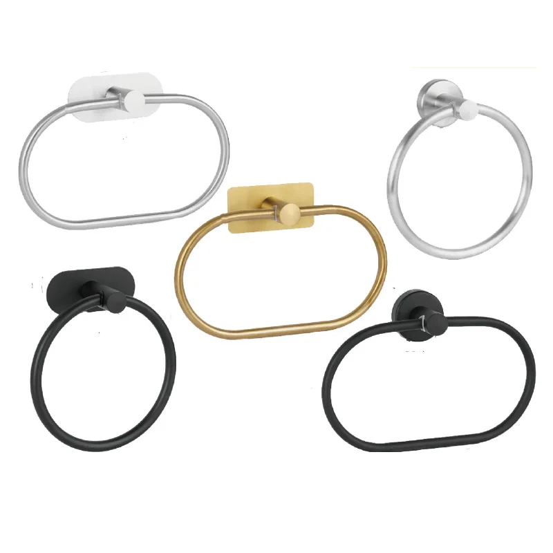Stainless Steel Towel Holder Self-adhesive Bathroom Towels Rack Black Washhand Hanger Ring Rail Bar Kitchen Storage Accessories