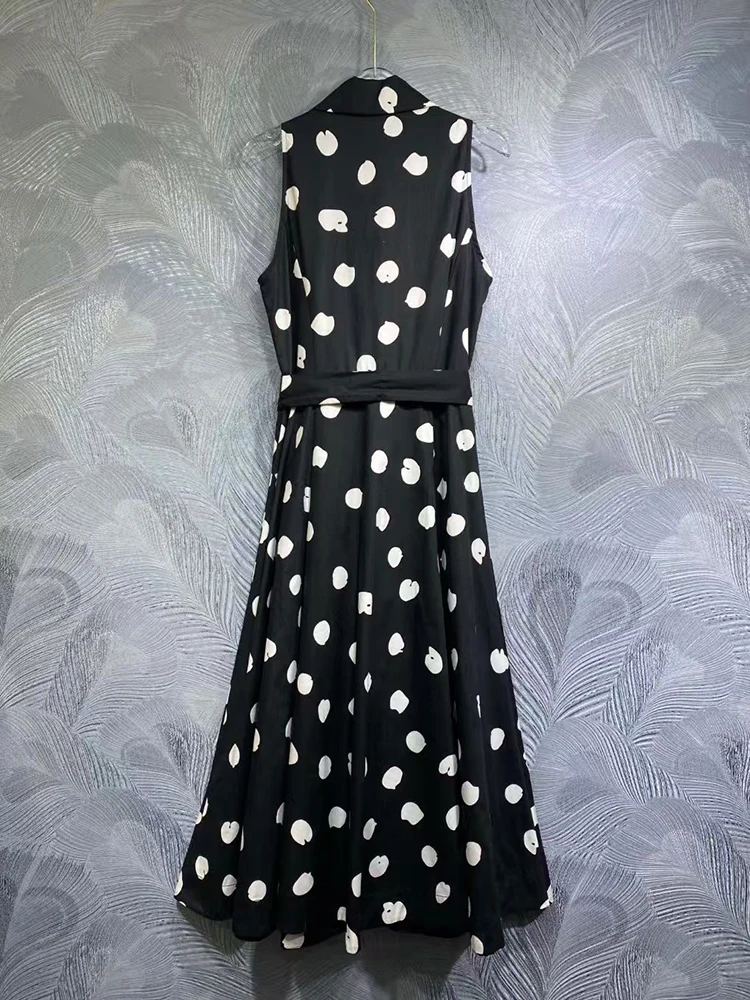 Vintage polka dot print lapel single breasted strap waist sleeveless sundress 2025 spring women's new cotton shirtdress