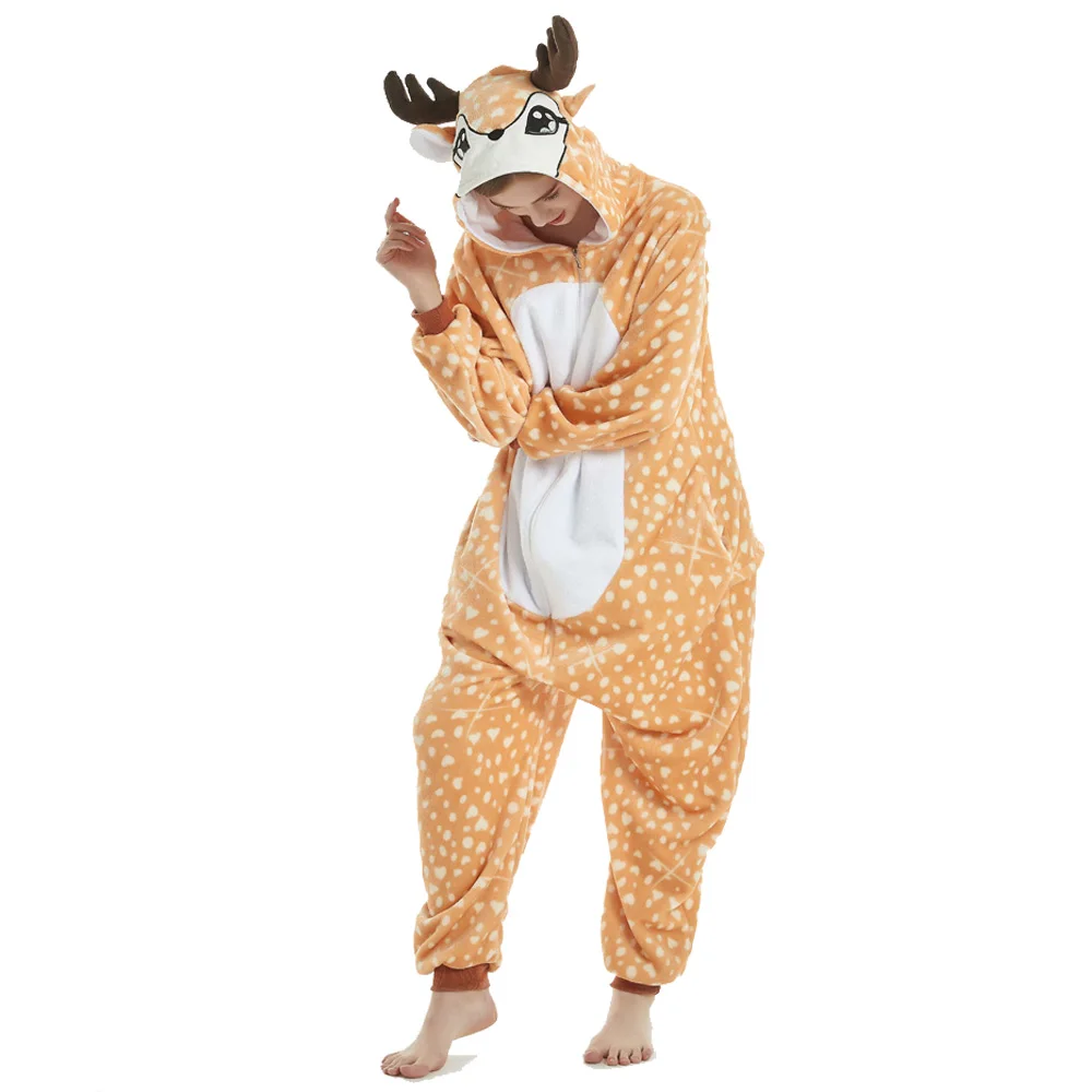 Kigurumi Onesie Pajamas Zip Cartoon Deer Jumpsuits For Adult Women Men Animal Pyjamas Pajama Cosplay Costume Nightwears Overalls