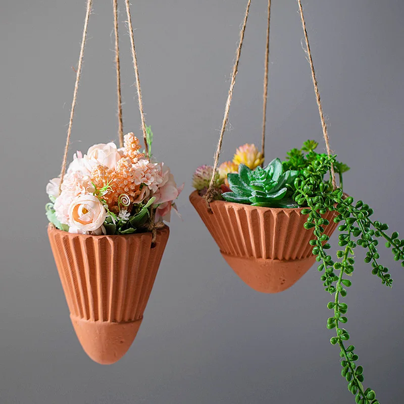 Ceramic Vase Triangular Hanging Vase Hemp Rope Red Pottery Hanging Hydroponic Wall Decoration Pendant Home Decoration