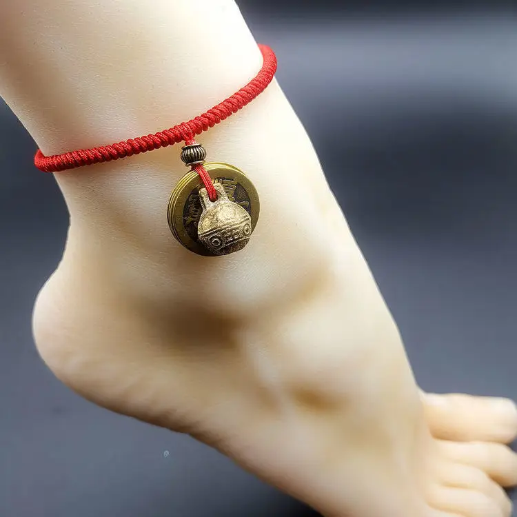 Vintage Blessing Coin Woven Anklet Feng Shui Amulet Stackable Daily Foot Decor Unisex Student Accessory