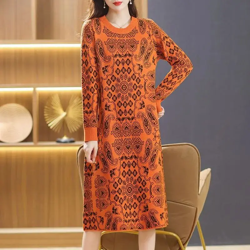 Feminino vintage impressão em torno do pescoço solto vestido floral primavera outono malha base camada vestido casual