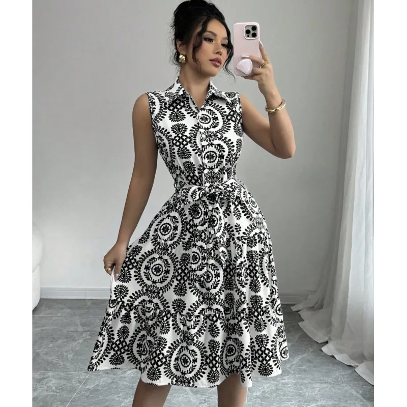 

Elegant Print Sleeveless Shirt Dress 2025 New Summer Office A-line Sundress Women Vacation Beach Party Dress With Belt Vestidos