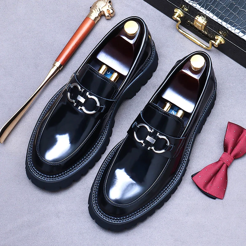 Punk Loafers Men\'s Business Shoes Thick Soles Round Toe Genuine Leather Causual Shoe Height Increase British Style Big Head Shoe