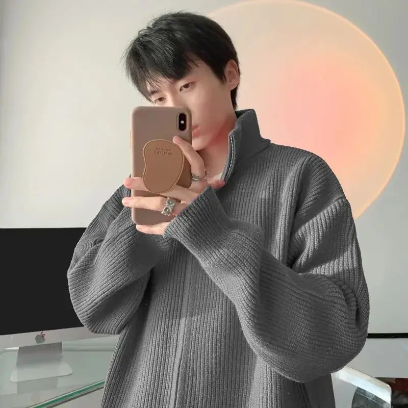 

Мужской вязаный свитер на молнии с воротником, утепленный, зимний, модный, базовая одежда, облегающий, в американском ретро-стиле, верхняя одежда