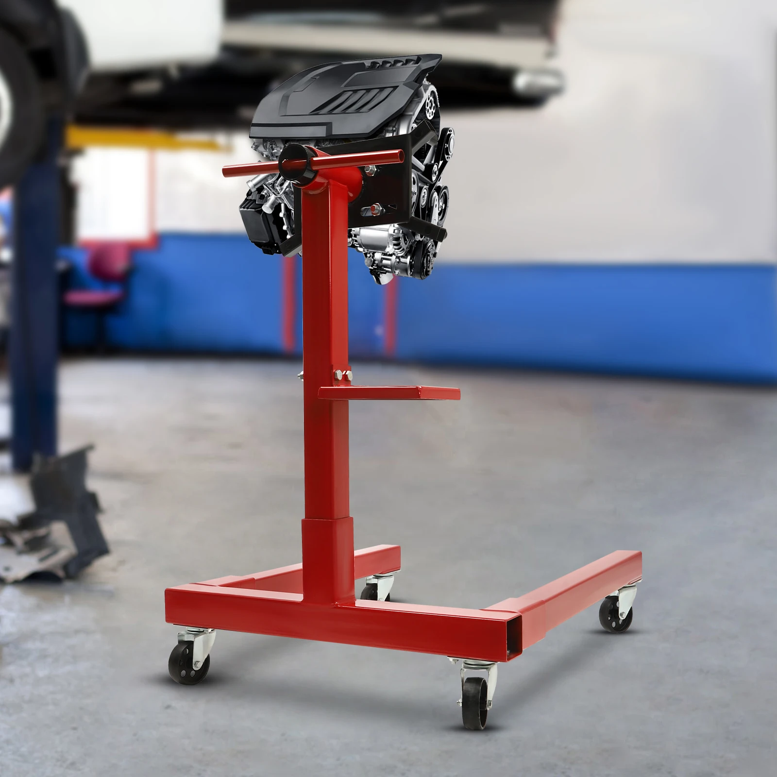 Versatile 360° Rotating Engine Stand with Adjustable Mounting Head & Integrated Tool Tray - 1,250 lb Capacity, Red