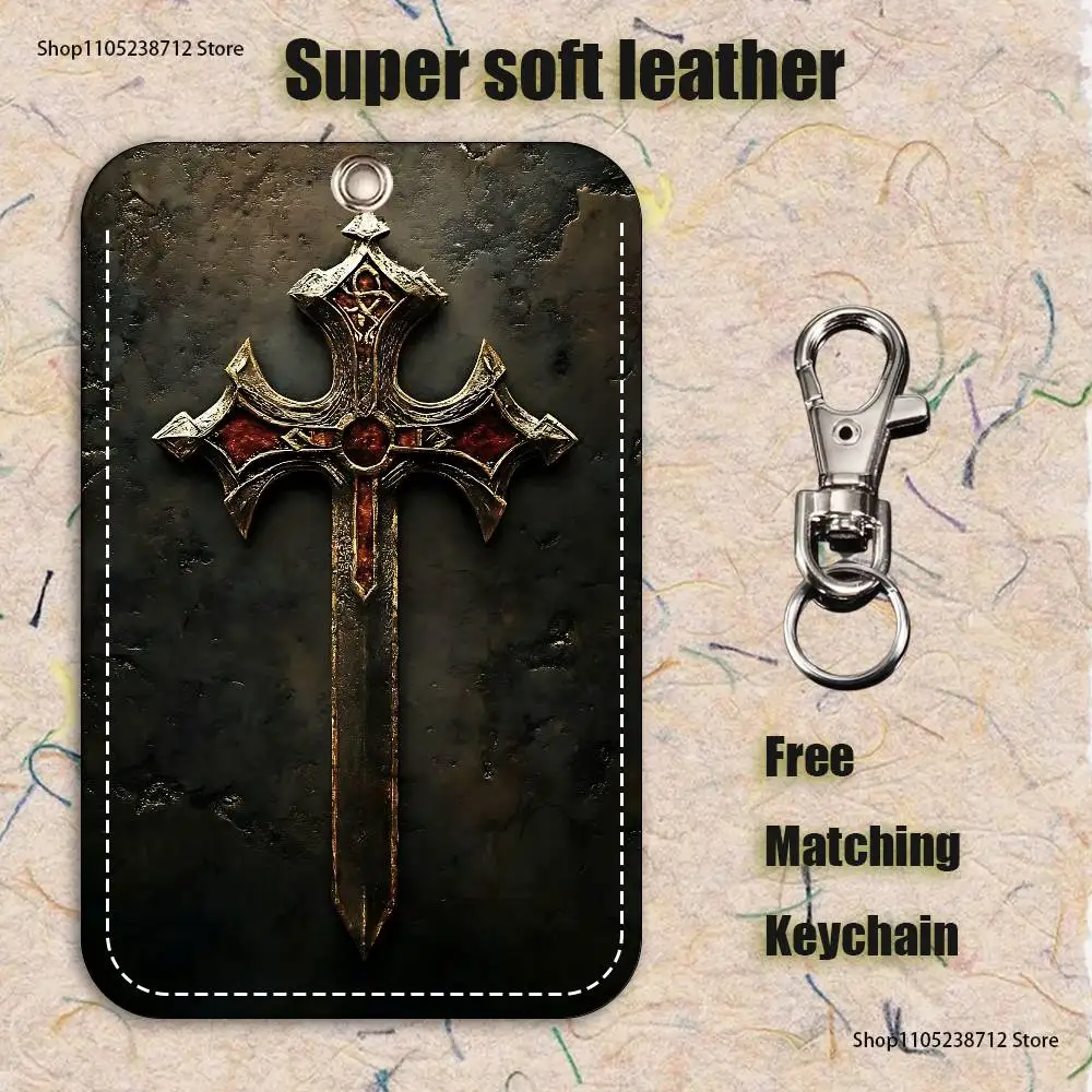 エルサレムクロス柄 1個入り PUレザー カードホルダー キーホルダー キーリング ドアロック アクセスタグ IDカードケース キーホルダー カード