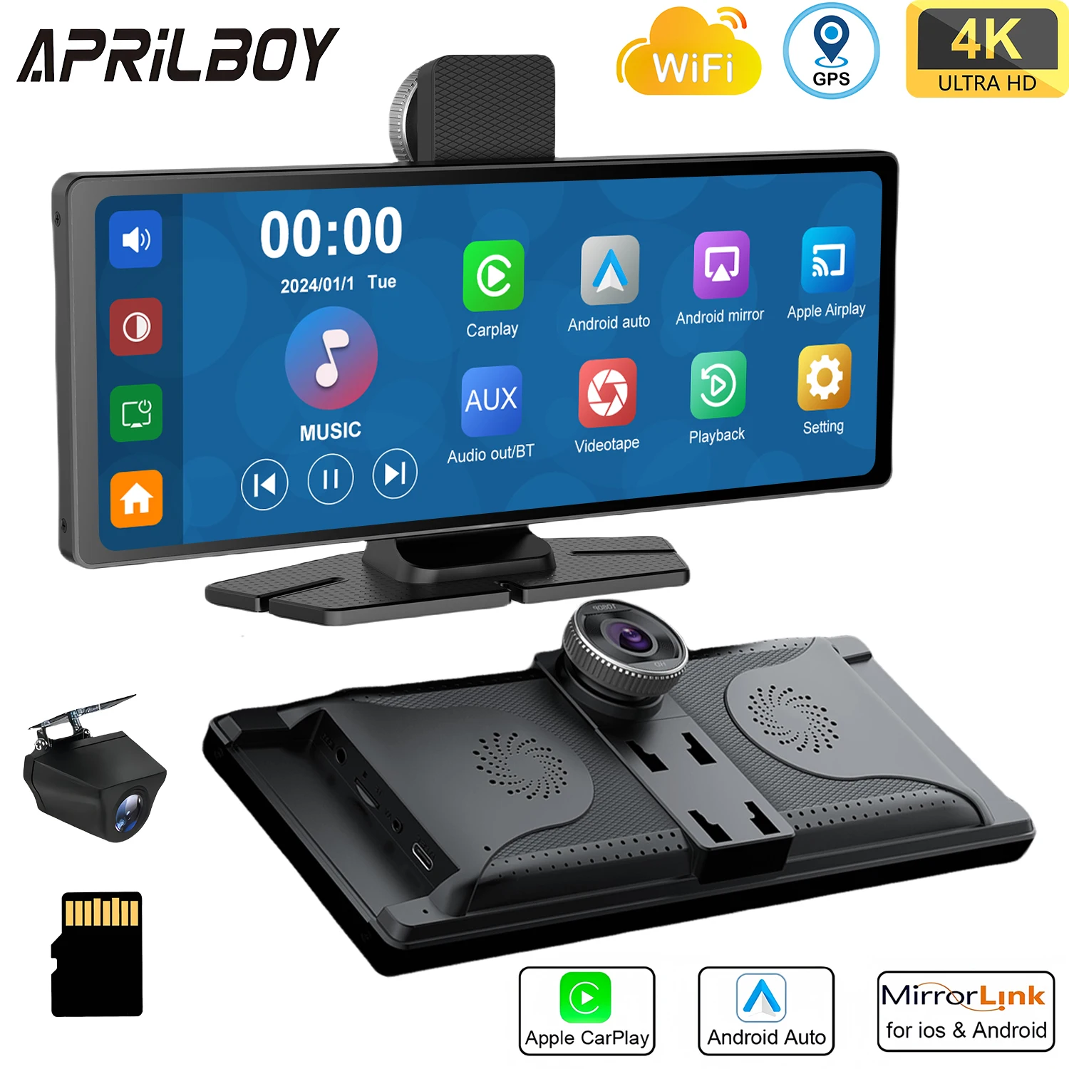 

Aprilboy 10.26 Inch 4K Dash Cam Carplay Android Auto Car Radio Multimedia Player Portable Recorder Car Stereo Touchscreen Car