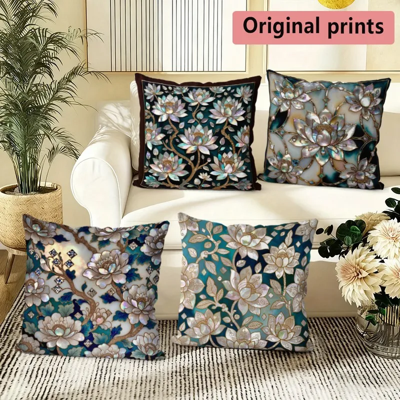 Lotus Floral Luxury Print Pillow Covers Pattern Cushion Cover Suitable for Sofa Bedroom Car Pillow Cover