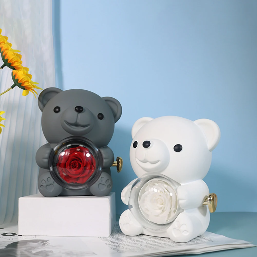 Cute Bear Gift Box Elegant Preserved Rose Gift Box with Gift Bag Bear Hug Eternal Rose Gifts for Valentines Day