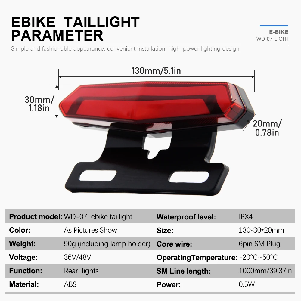 

Ebike Rear Light 36V/48V WD-07 LED SM Connector Night Riding Warning Equipment Rear Lamp For Electric Bicycle ﻿Accessories