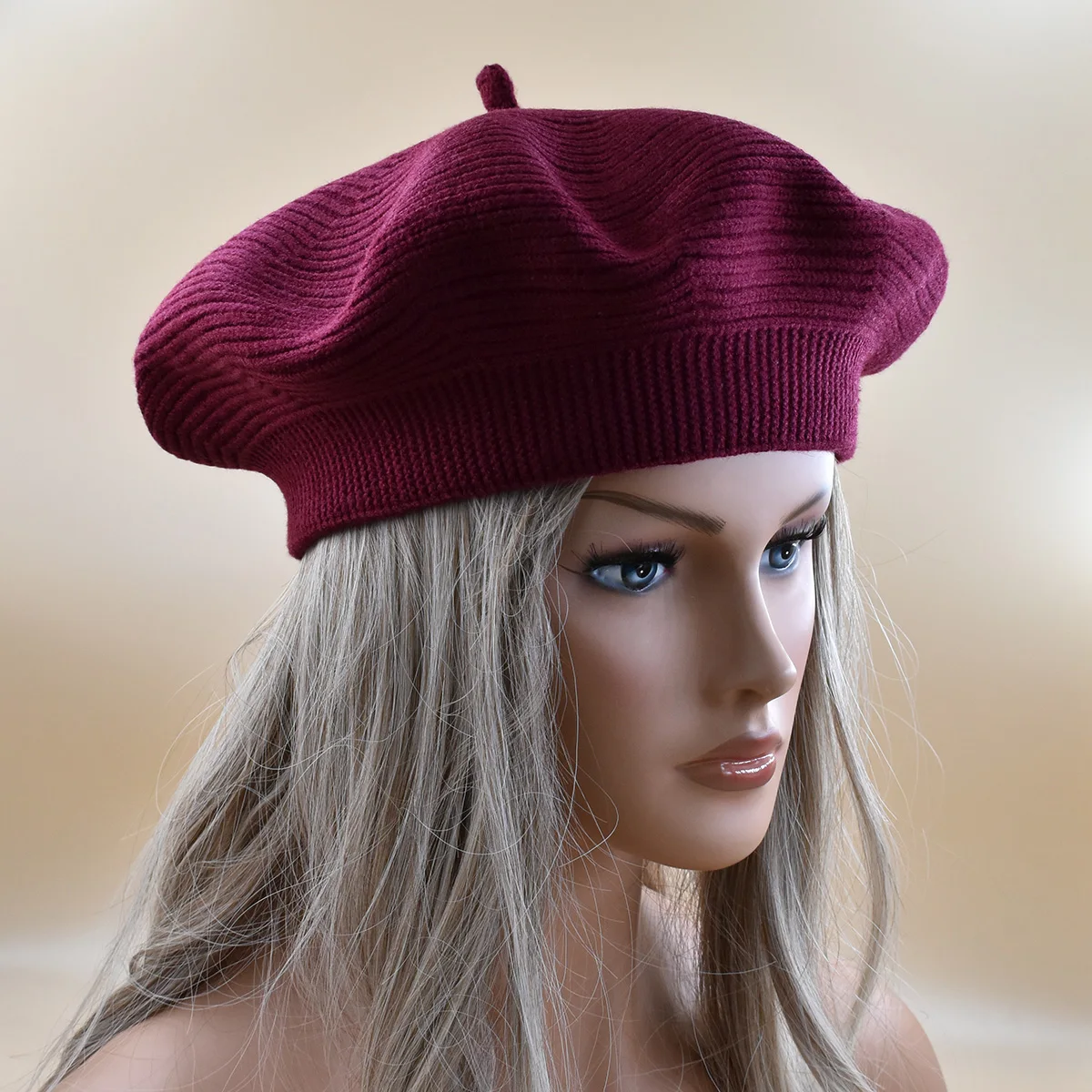 New Women wine red Berets Fashion Solid Color Cotton  Knitted Berets With Ladies Beanie Beret cap Winter warm textured beret hat