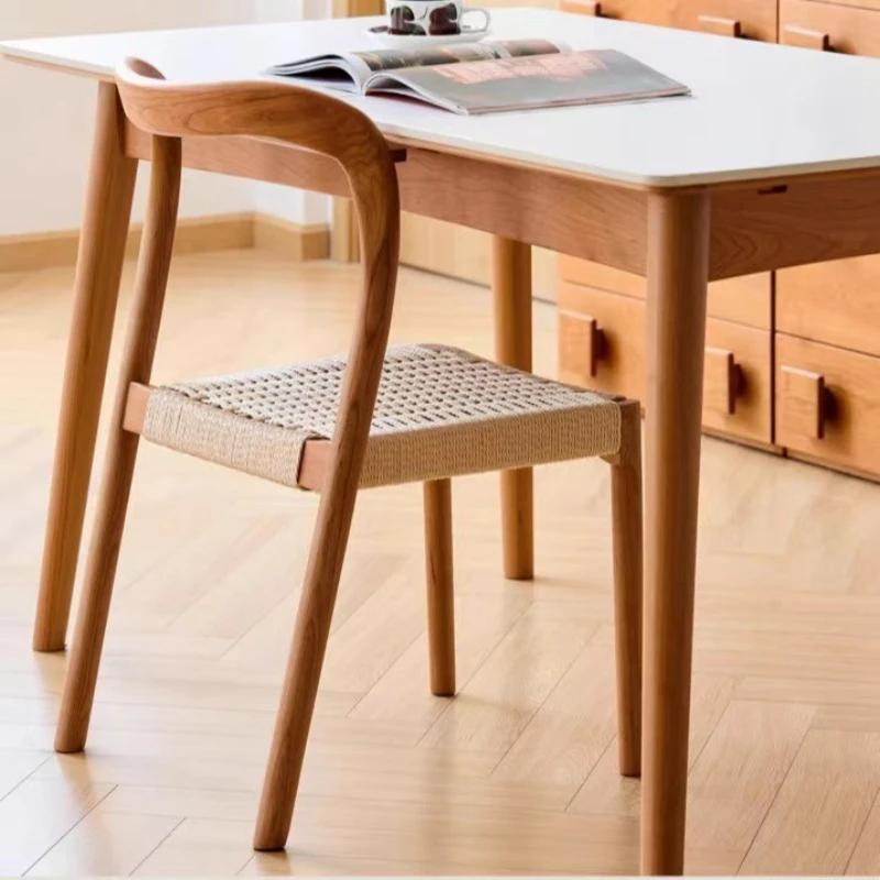 

Solid wood dining chair household back chair restaurant antique style armless braided rope log book table