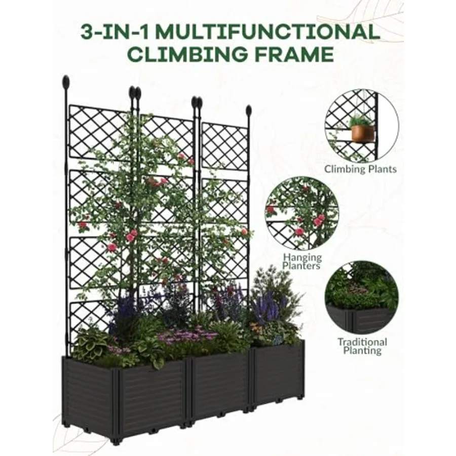 3PCS Modular Raised Garden Bed Planter Box Kit with Metal Trellis for Patio Privacy Screen, Small Space Balcony Deck Use, Galva view 3