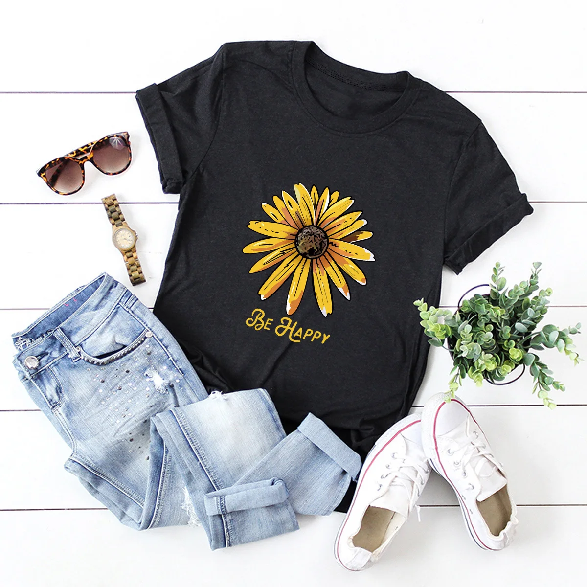 Cotton 100% European and American Women's Small Daisy Print Casual Top Short Sleeve T-shirt Oversized T Shirt  Graphic Tops