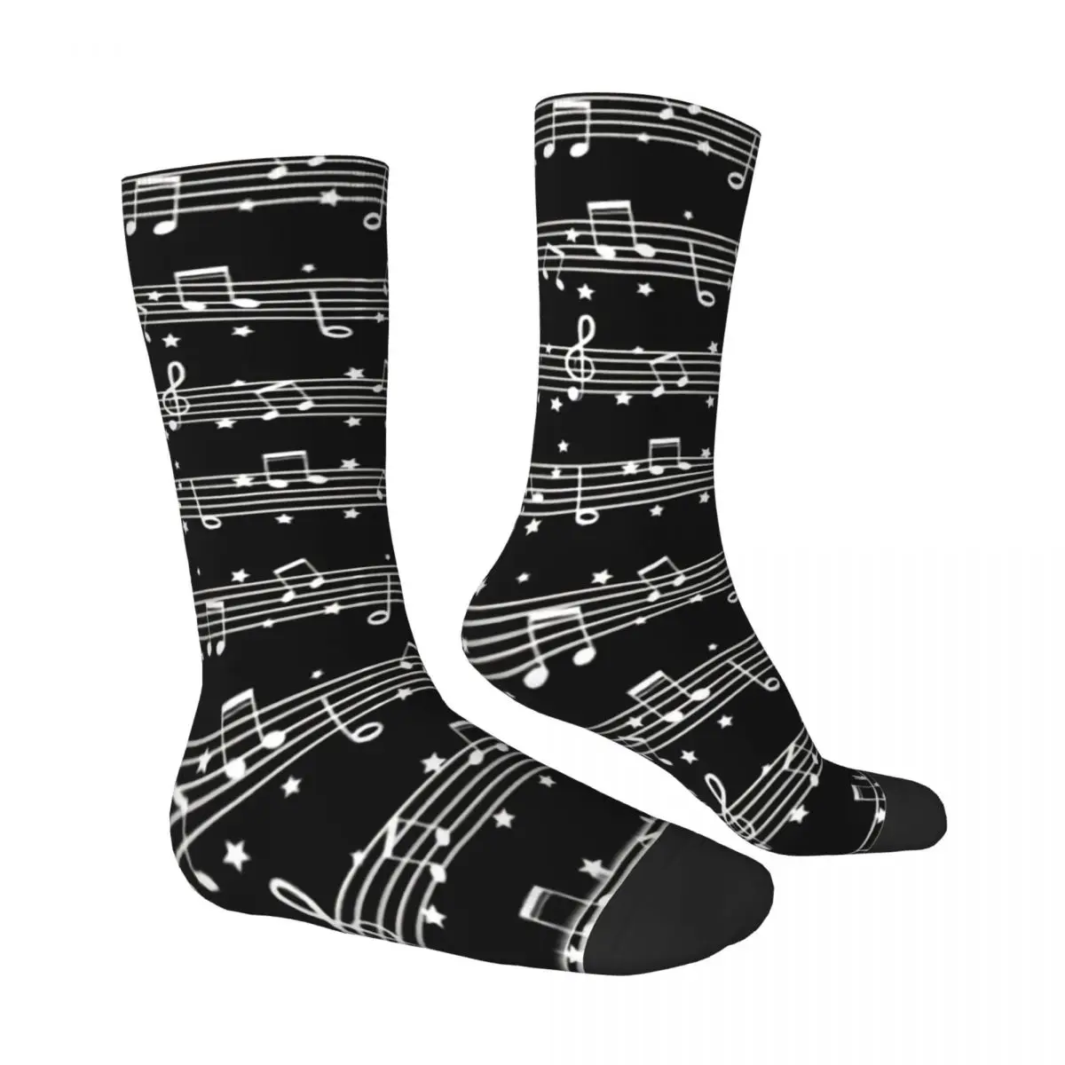 Funny Crazy Sock for Men White On Black Hip Hop Harajuku Music Notes Happy Pattern Printed Boys Crew Sock Novelty Gift