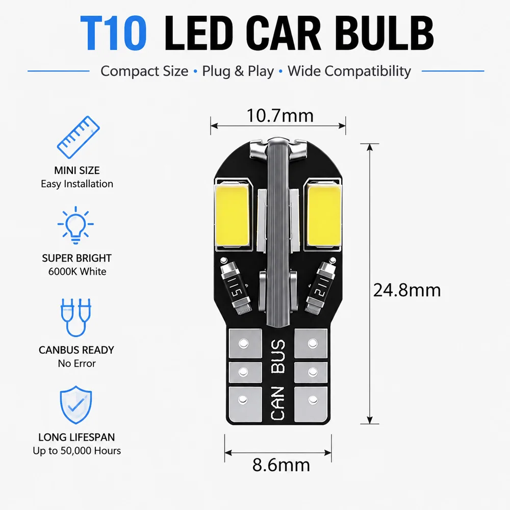 Multi-Color T10 W5W 194 LED CANBUS Bulbs White Amber Red 3030 SMD 12V 5W Car License Plate Dome Interior Indicator Light Bulbs