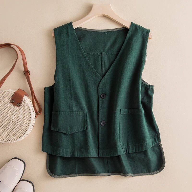 Retro cor pura diagonal algodão ort colete jaet solto v-ne irregular oulder topo para plus size feminino outono faion