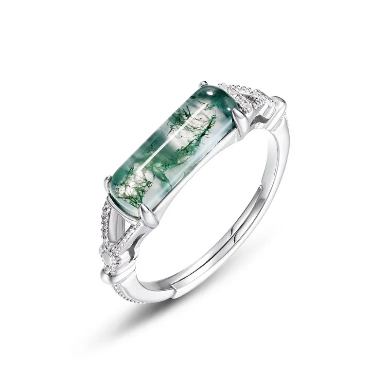 New S925 pure silver long green moss stone inlaid with water grass agate ring, simple and fashionable wedding jewelry