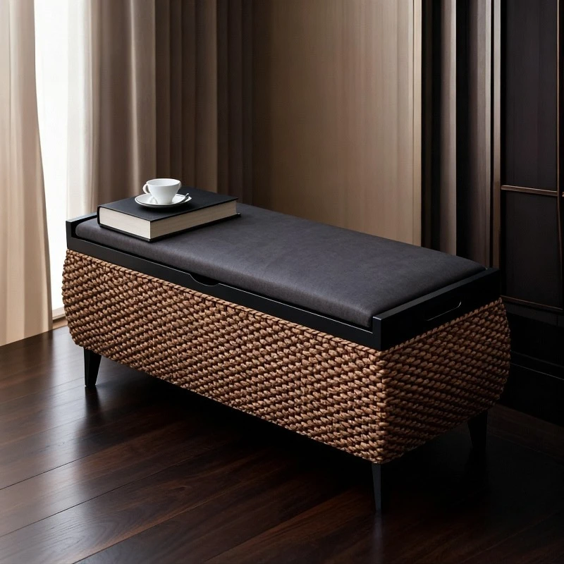 Seagrass Woven Storage Ottoman Dual Person Shoe Changing Bench Natural Fiber Entryway Seat Woven Storage Footrest Organizer