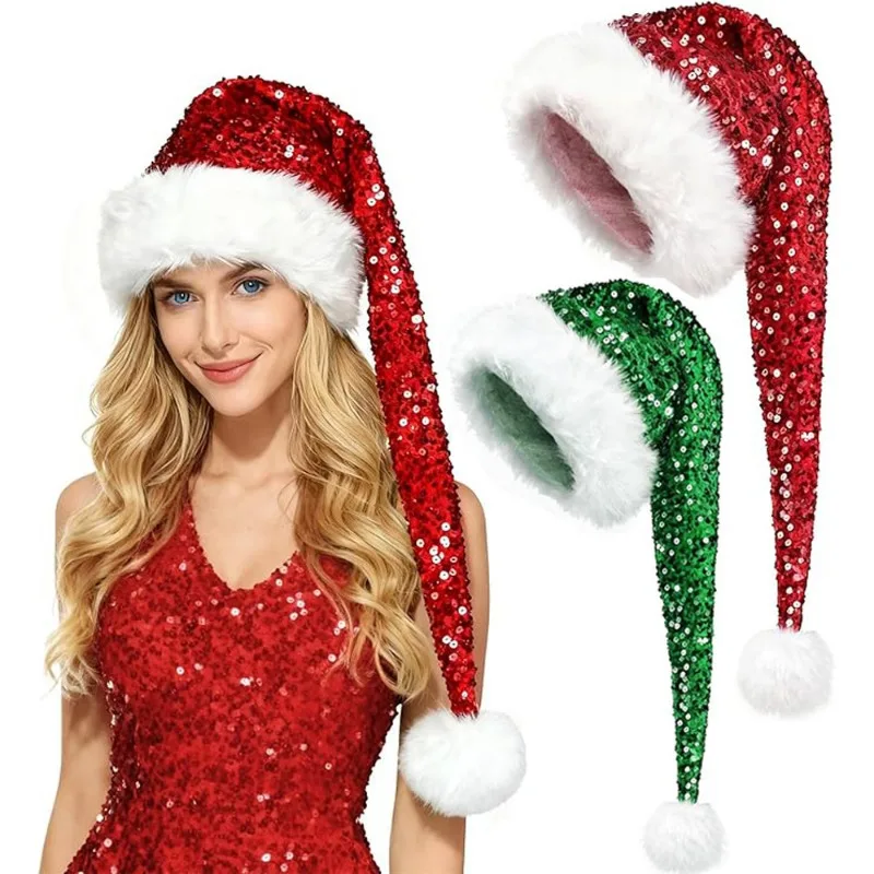 2026 Unisex Christmas New Sequin Hat Double Layer Thick Long Plush Multicolor Party Decor Cap