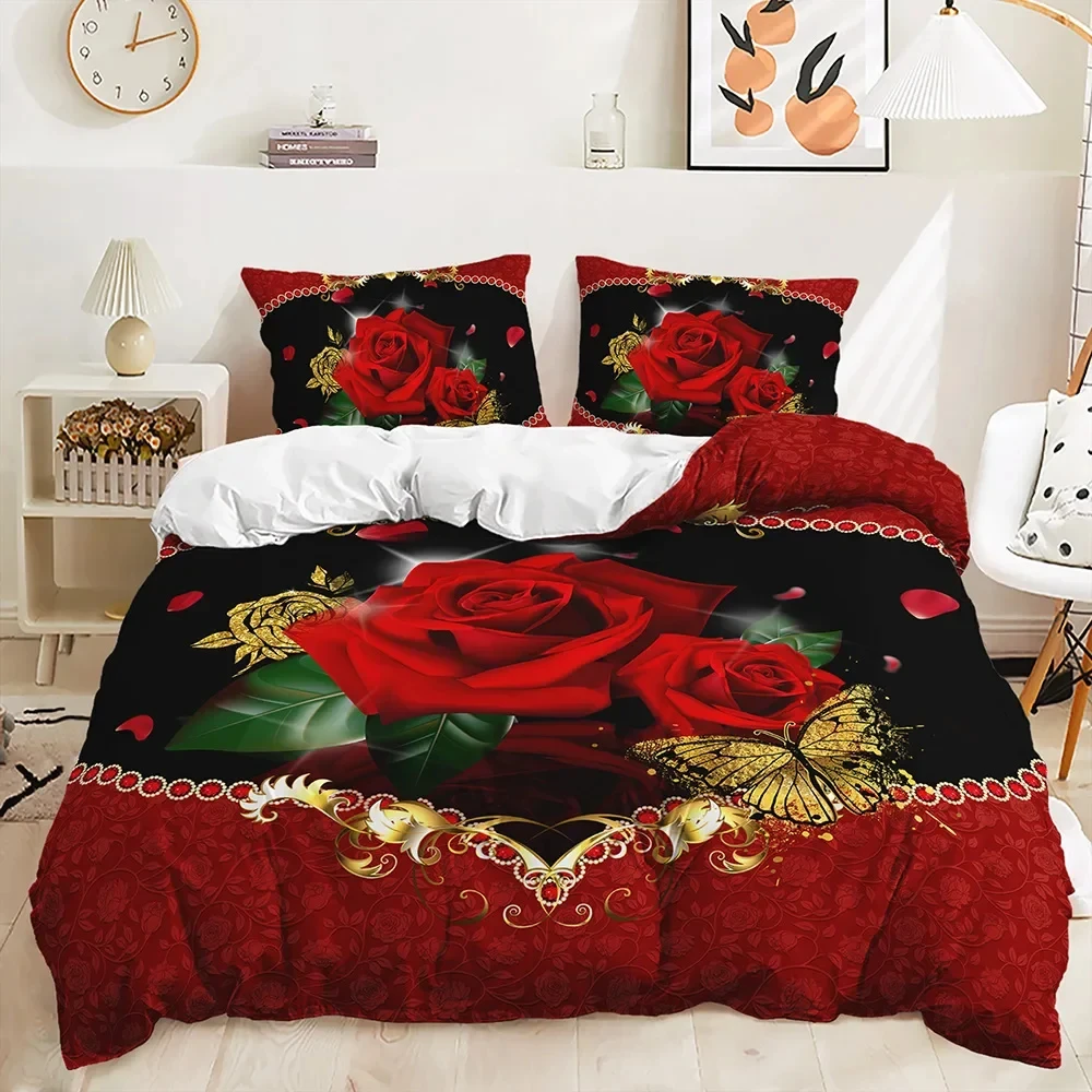 

Rose Floral Duvet Cover Romantic Flowers Bedding Set Butterfly Comforter Cover Twin Queen For Valentine's Day Wedding Room Decor