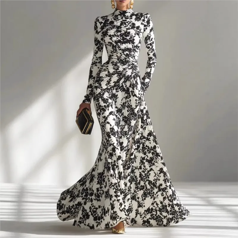 2026 mode Blume Drucken Langarm Elegante Maxi Kleid Frauen Kleid Frühling Geraffte Bodycon Mock Neck Lange Kleider Weibliche