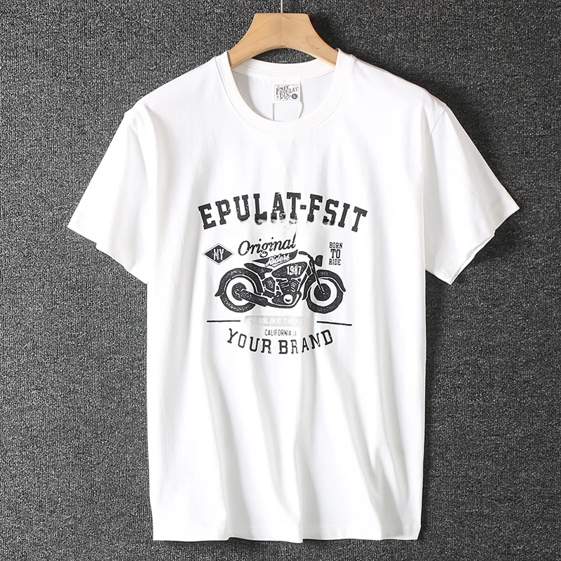 

American Sle Heavyweight ort Sve T-irt Men's Summer Pure Cotton Retro Motorcycle Print Versatile round Ne f Sle...