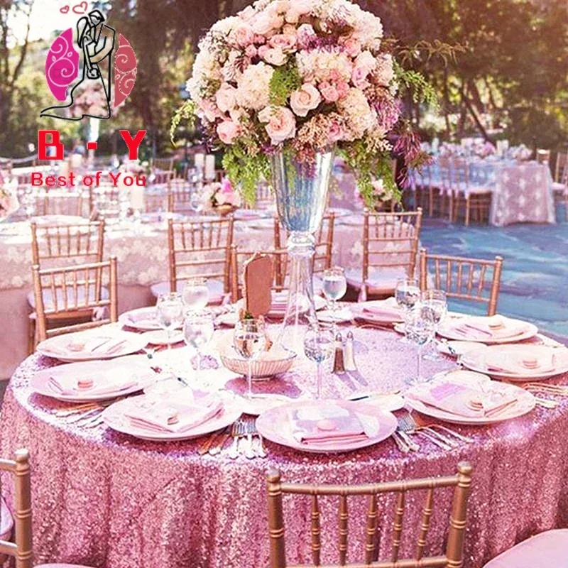 B·Y Sequin Round Tablecloth Pink Gold Sequin tablecloth on the table decoration for dinner party Wedding birthday tablecloth