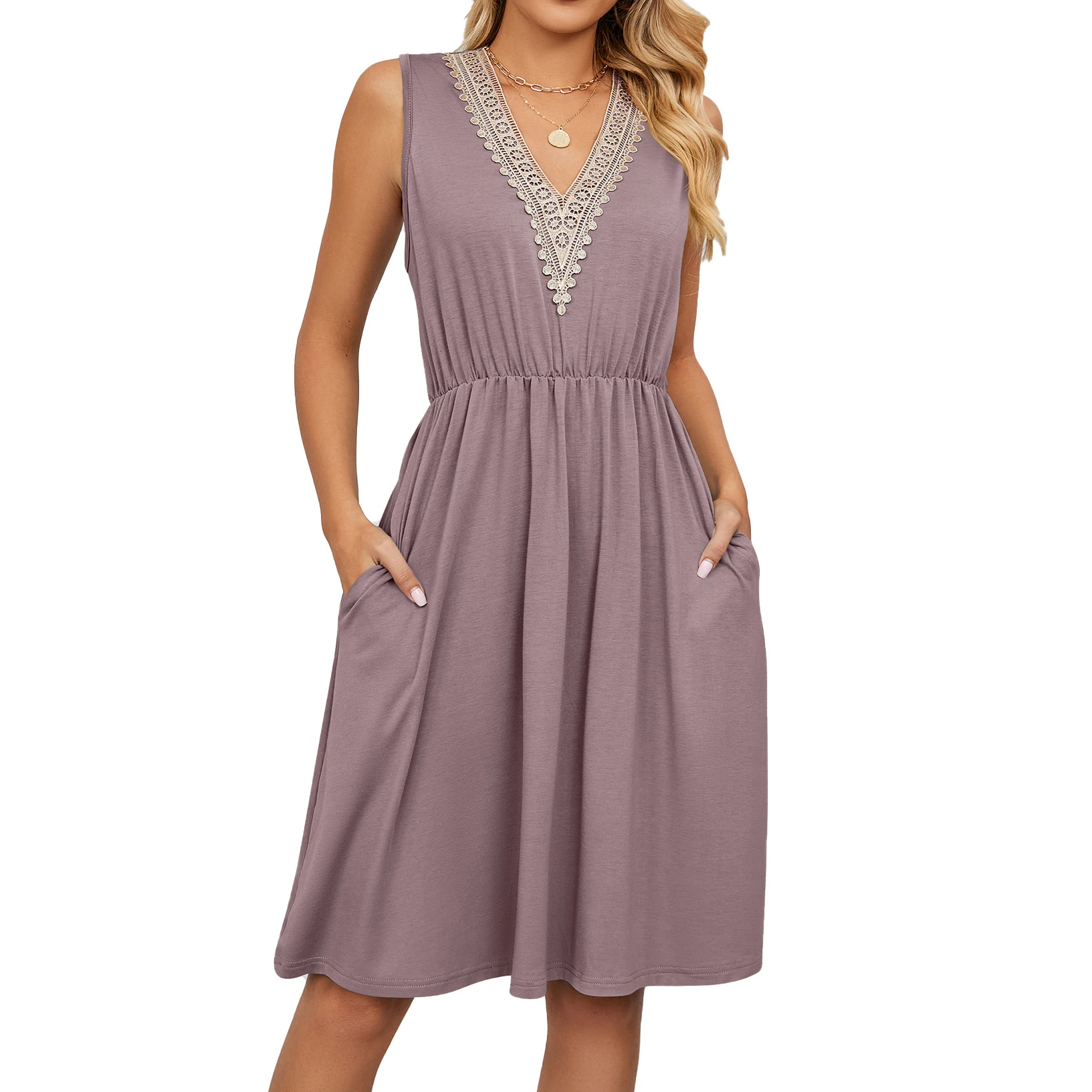 

Elegant Dresses for Women 2024 Spring/Summer Solid V Neck Lace Panel Sleeveless Pocket Waistband Casual Sexy Dress