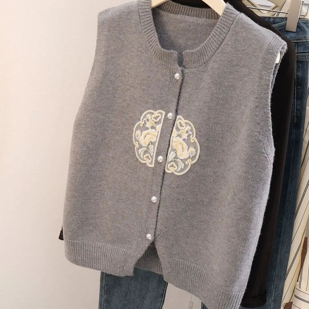 春と秋の新作カーディガン刺繍ラウンドネック新中国風ニットベストレディース2025ルーズトップス