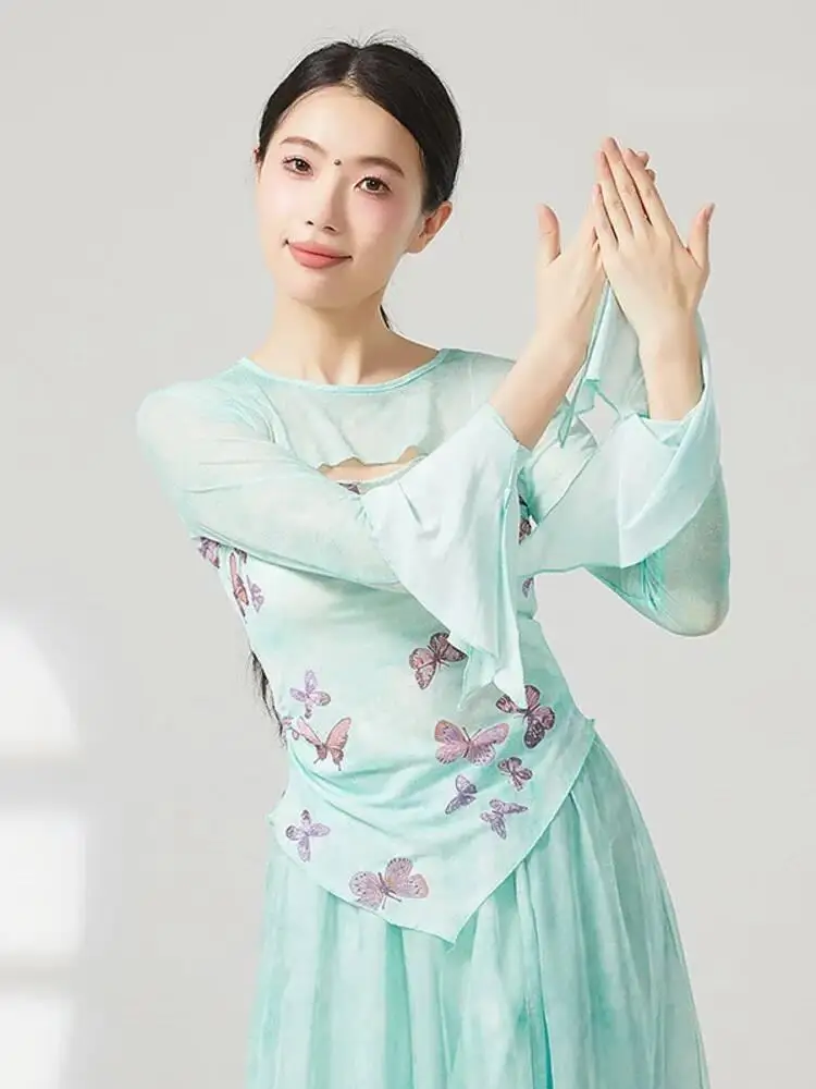 Bedrucktes, ausgestelltes, langärmliges, schmales Mesh-Top für Damen, modernes Tanzkostüm, Jazz, zeitgenössisches lyrisches Bühnen-Performance-Shirt
