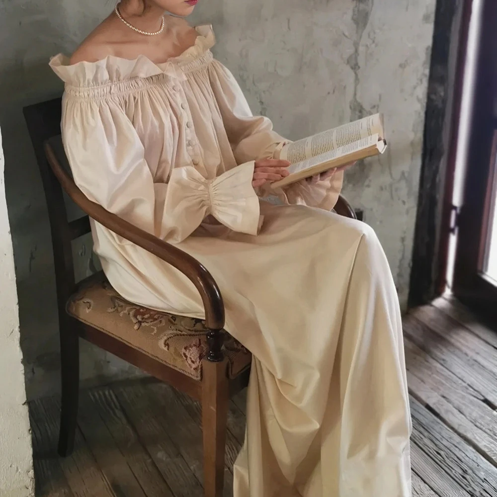 

Women 100% Cotton Nightgown Retro Fairy Princess Style Sweet Slash Neck Nightgown For Girls Loose Sleepwear Long Home Dress